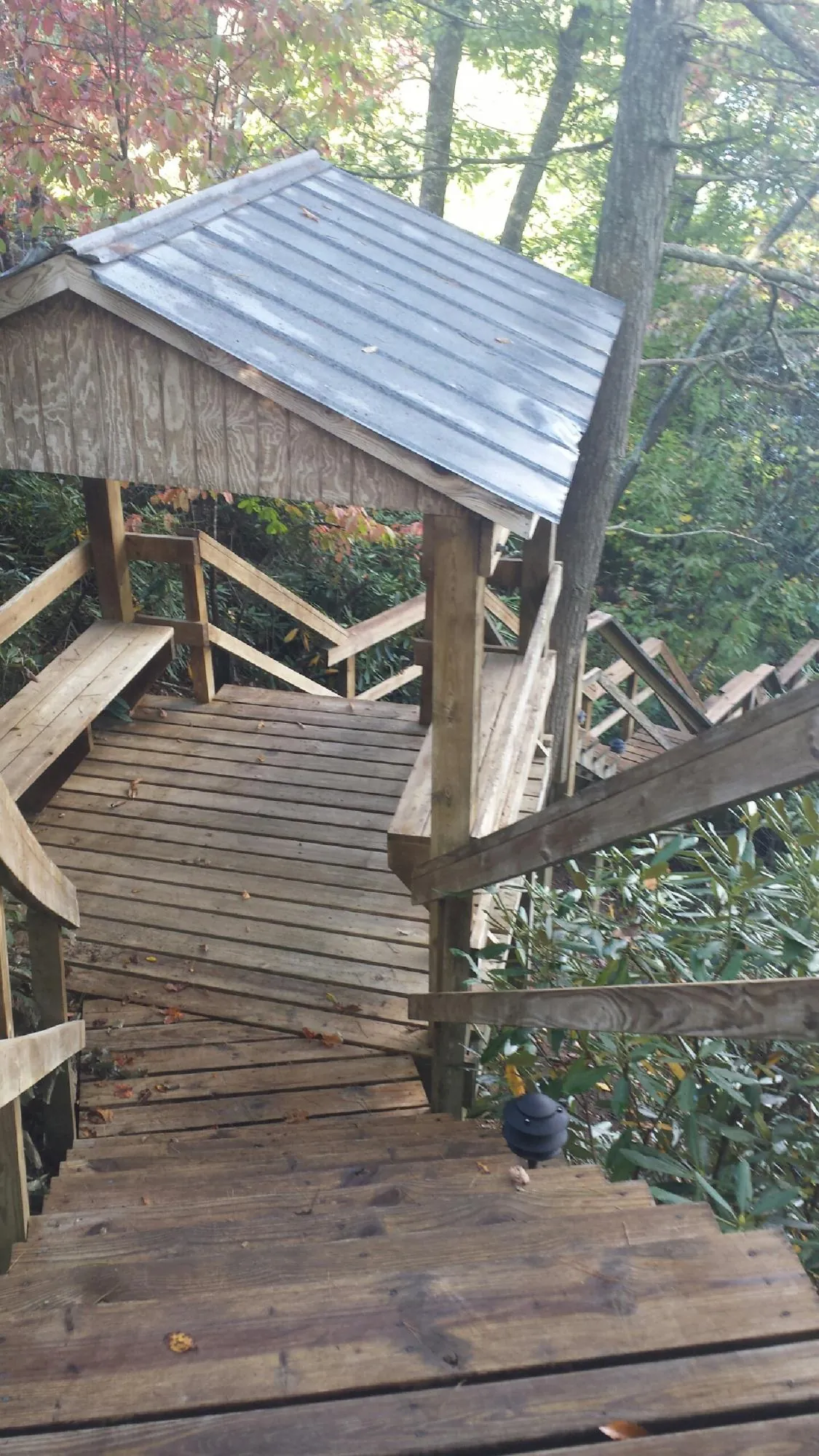 Metal roofed shelter over wooden steps on a wooded walkway — Skylight Repair & Installation work by our crew in Wiota